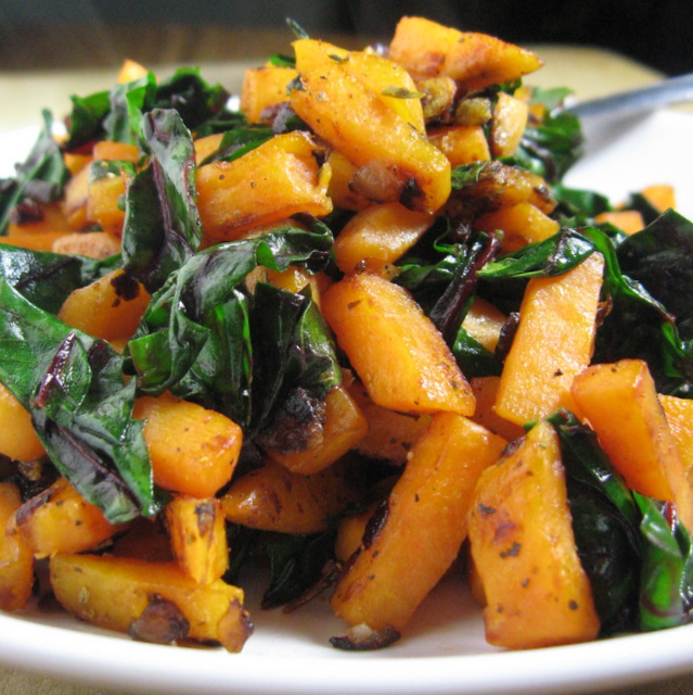 Vegan steamy sweet potato and Swiss chard