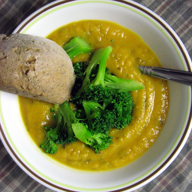 Sweet Potato Basil Soup - topped with steamed broccoli and GF French Bread